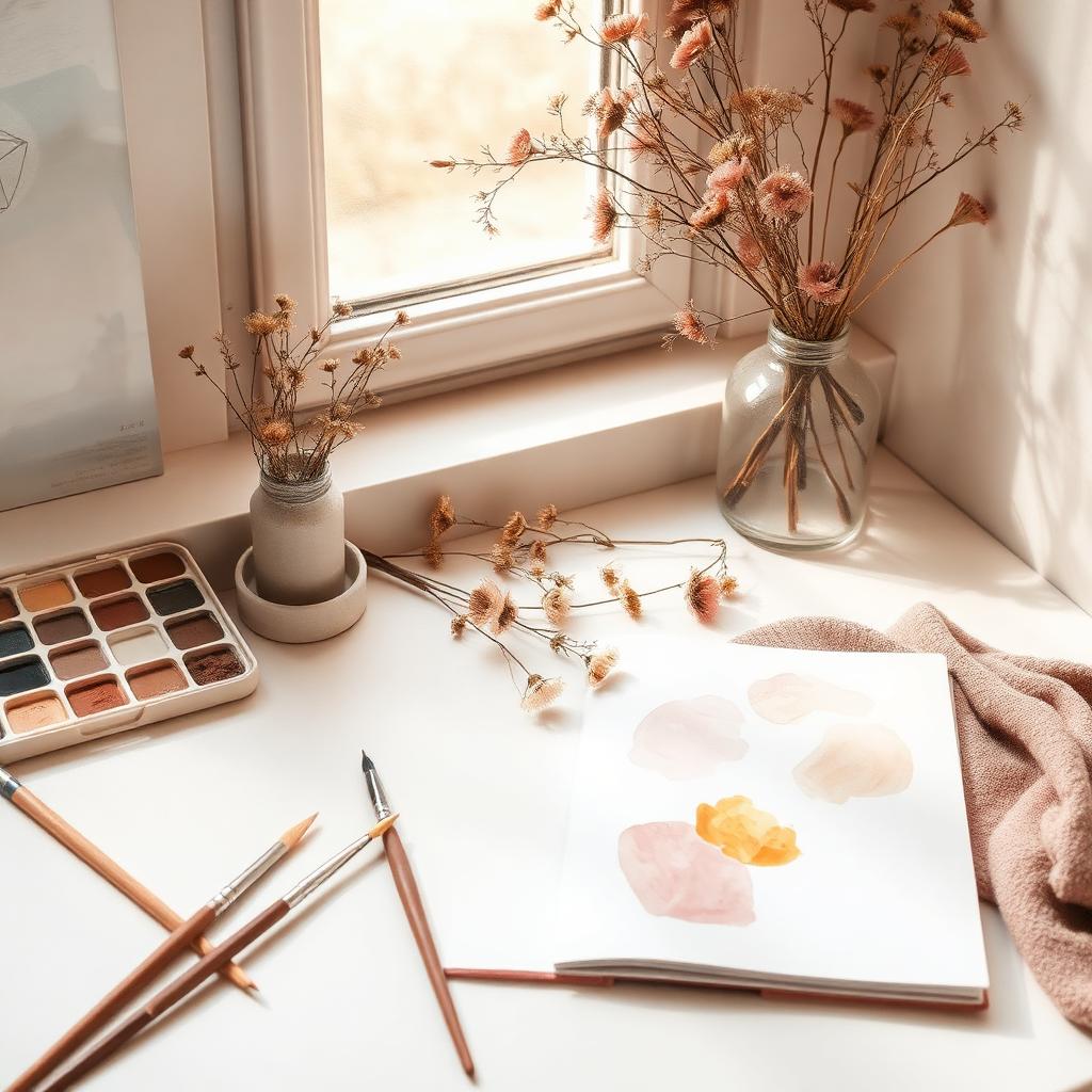 Ruhiger Kreativraum mit Aquarellfarben, Pinseln und Trockenblumen